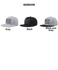 Flat brim hip hop snapback hats featuring American flag embroidery in three color options