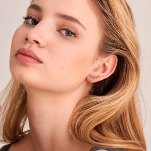 Retro turquoise brass hoop earrings with 18K gold plating on model's ear