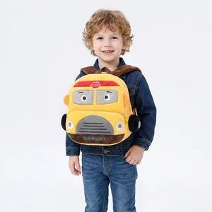Plush yellow school bus backpack for kids with 3D details and soft fabric texture