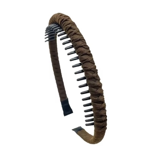 Brown braided fabric non-slip headband with inner plastic teeth for high hair volume
