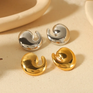 Polished 18K gold and silver comma shaped stainless steel stud earrings for women