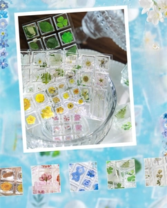 Macro shot of 3D acrylic stickers featuring real pressed flowers and botanical specimens