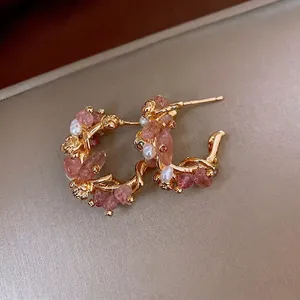 Retro 18k gold plated earrings featuring pink strawberry quartz and delicate pearls