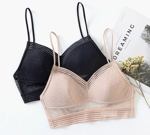 Close-up of seamless backless bras in black and beige with breathable mesh and dot details