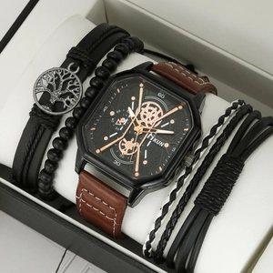 Close-up of men's square watch with brown leather strap and beaded bracelets in a gift box