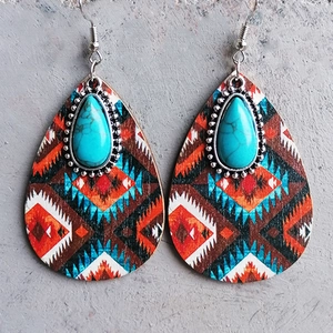 Bohemian teardrop earrings with Aztec geometric patterns and turquoise stone accents