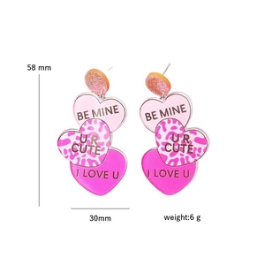 Pink acrylic Valentine heart earrings with glitter studs and romantic text 58mm x 30mm