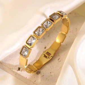 Elegant 18k gold plated stainless steel bracelet with rectangular clear zircon stones