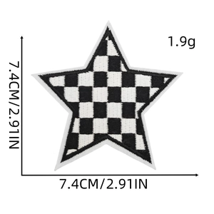 Checkered star embroidered patch for clothing with 7.4cm size and 1.9g weight details