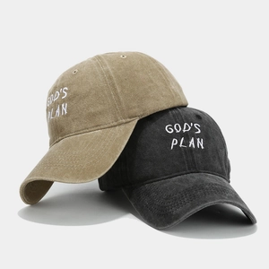 Washed cotton baseball cap with GOD'S PLAN embroidery in khaki and charcoal grey