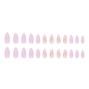 Faux ongles violet clair avec motifs floraux et feuilles d'or en forme d'amande