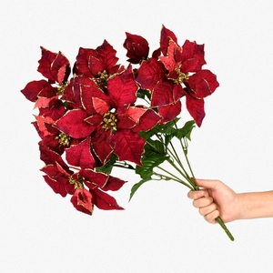 Artificial deep red Poinsettia bouquet with gold glitter edges held by hand
