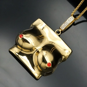 Female Torso Chest Pendant Stainless Steel Hip Hop Jewelry Red Rhinestone Inlaid Oversized Polished Glossy Fashion Accessory