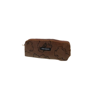 Trousse en velours côtelé marron avec motif d'ours et fermeture éclair sur fond blanc