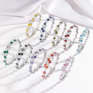 Polished silver stainless steel open bangle with colorful square cut zircon gemstones