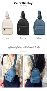 Mini lychee grain leather chest bags in off-white, black, and blue with front zip detail
