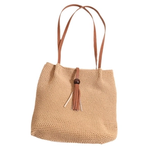Handwoven khaki cotton tote bag with leather tassels and wood beads on white background