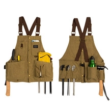 Front and back view of brown canvas camping apron with multiple tool pockets