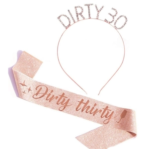 Rose gold Dirty 30 glitter sash and tiara set for women 30th birthday party decor
