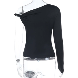 Rear view of black one-shoulder long sleeve top showing slim fit and fabric texture