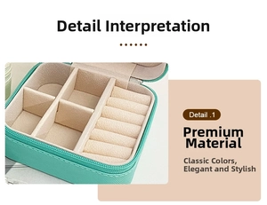 Macro detail of portable jewelry organizer showing cyan leather texture and beige velvet lining