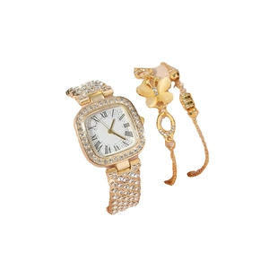 Women's gold square watch set with rhinestone bezel and matching floral bracelet
