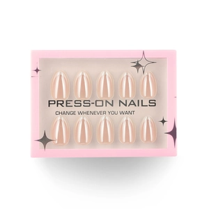 Minimalist short almond press-on nails with soft pink pearl glaze finish in packaging