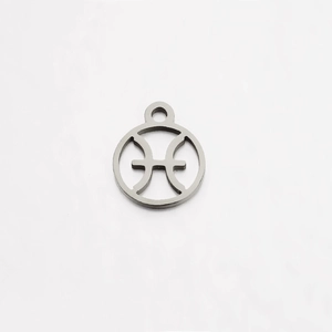 Close-up of a silver stainless steel round zodiac pendant with polished mirror finish