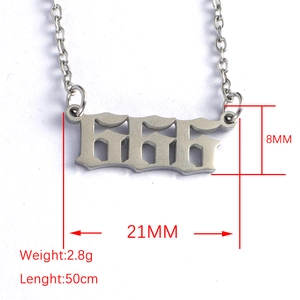 Detailed size specifications of silver 666 angel number necklace with gothic pendant