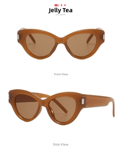 Detailed front and side views of vintage jelly tea cat-eye sunglasses with metal accents