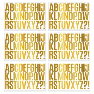 Detail showing high-shine gold 2-inch alphabet stickers with uppercase letters and symbols