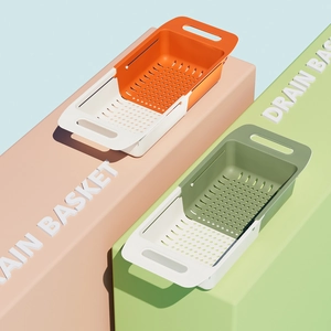 Dual-layer retractable drain basket for washing vegetables and fruits in orange and green