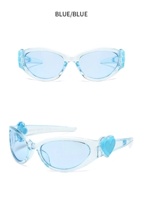 Detail view of blue Y2K heart sunglasses showing the side temple and hinge construction