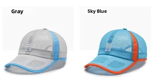 Detailed mesh view of gray and sky blue breathable baseball caps with Sport Fashion labels