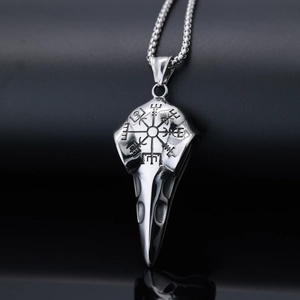 Vintage stainless steel viking raven skull pendant with vegvisir rune and chain necklace