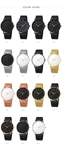 Multiple minimalist men's quartz watches with mesh bands in diverse color options