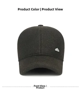 Detailed front view of warm winter baseball cap with textured wool fabric and mountain logo