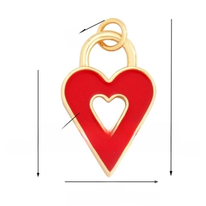 Detail showing red enamel heart pendant measurements 17mm with golden metal ring
