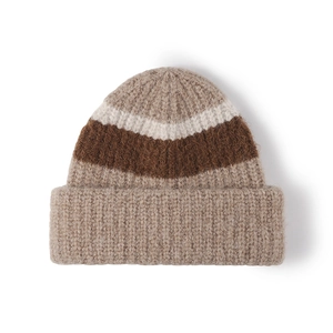 Winter chunky knit wool beanie with striped beige and brown pattern for men and women