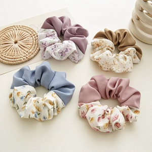 Floral Bicolor Scrunchie Fabric Hair Tie Handmade Sweet Pastoral Style Elastic Ponytail Holder For Women