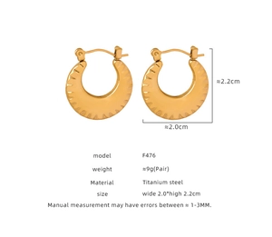 Detailed view of gold plated titanium steel crescent earrings with 2.0cm x 2.2cm dimensions