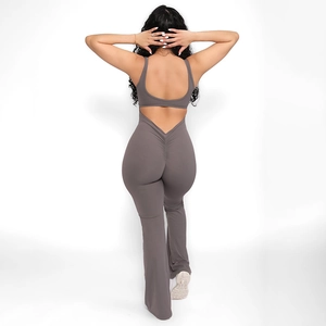 Gray backless bodysuit with waist contouring and flared leg design for women