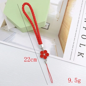 Red braided leather phone lanyard with camellia pendant and metal clasp 22cm