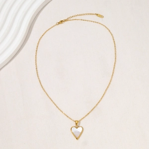 Elegant gold heart pendant necklace with white mother of pearl inlay and zirconia
