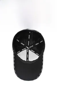 Detail of black baseball cap showing breathable mesh lining and SPORT webbing