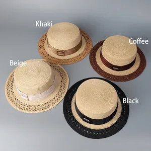 Flat top straw sun hats for women with ribbon detail in beige, khaki, coffee and black