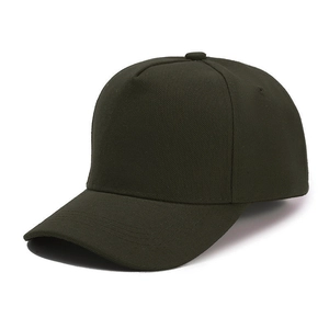 Side view of olive green five-panel baseball cap showing material texture and shape