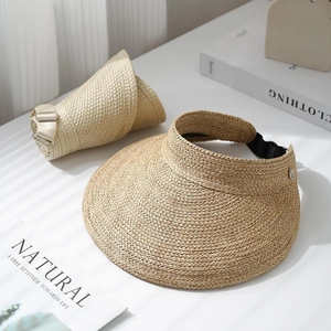 Women Straw Sun Visor Hat Open Top Wide Brim UV Protection Foldable Summer Beach Hat With Adjustable Strap Breathable