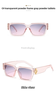 Detail view of pink square sunglasses with gold diamond-shaped metal temple accents