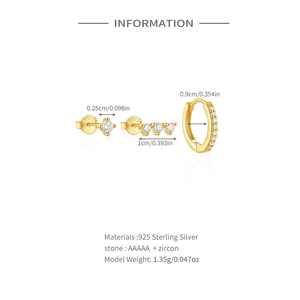 Detail of 3-piece S925 sterling silver gold earrings set with AAAAA zircon stones